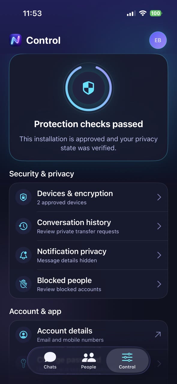 Nuntaro Control screen showing protection checks and privacy settings