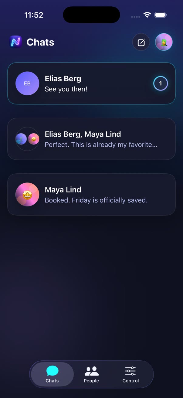 Nuntaro chat list showing direct and group conversations